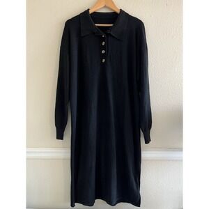 Unbranded Solid Black Knit Dress Collared Women's L/XL Lagenlook Quiet Modest